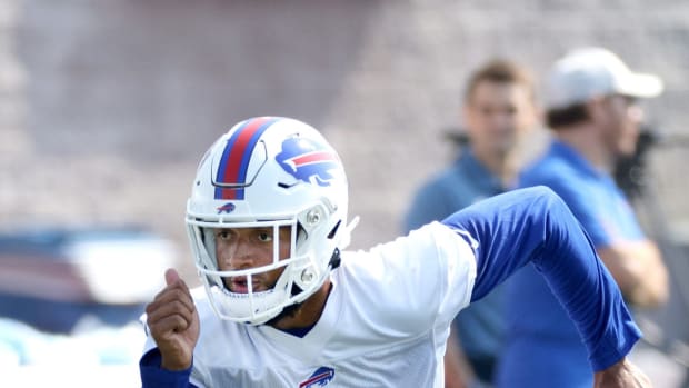 Bills receiver Gabriel Davis explodes off the line during position drills at training camp.